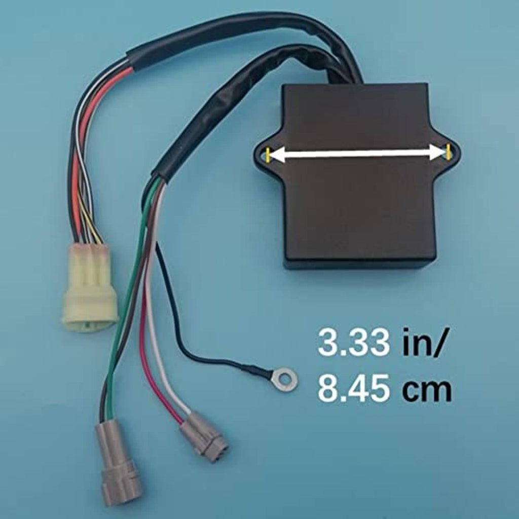 CDI ignition box module with wiring harness, top view and labeled size 3.33 x 8.45 cm
