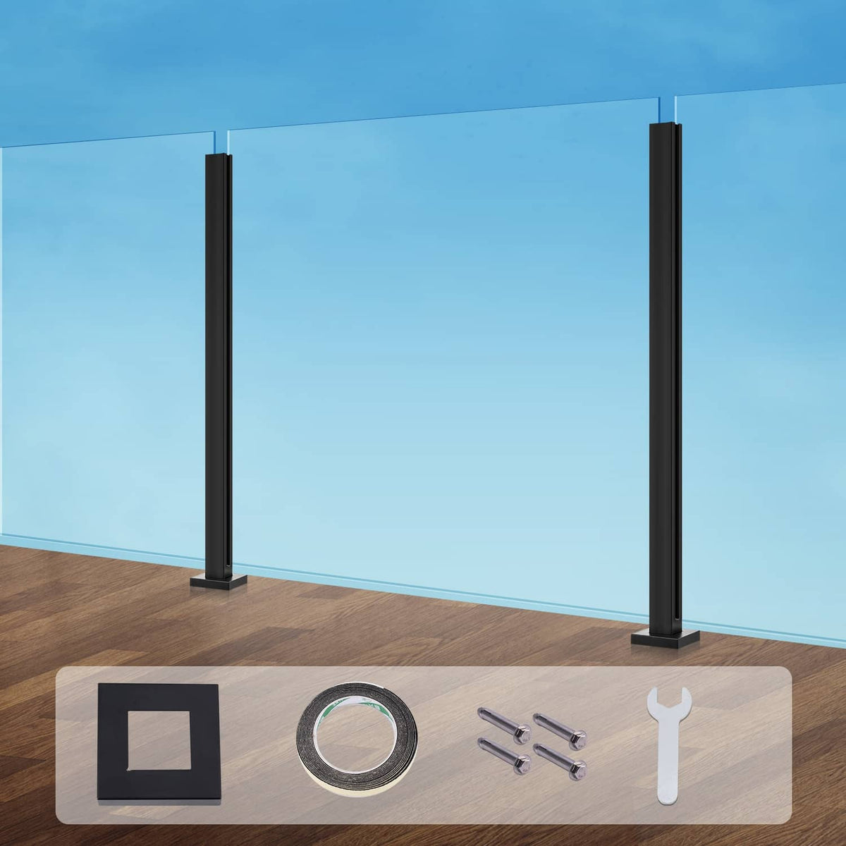 Black glass railing post clamp brackets with accessories set on a tray