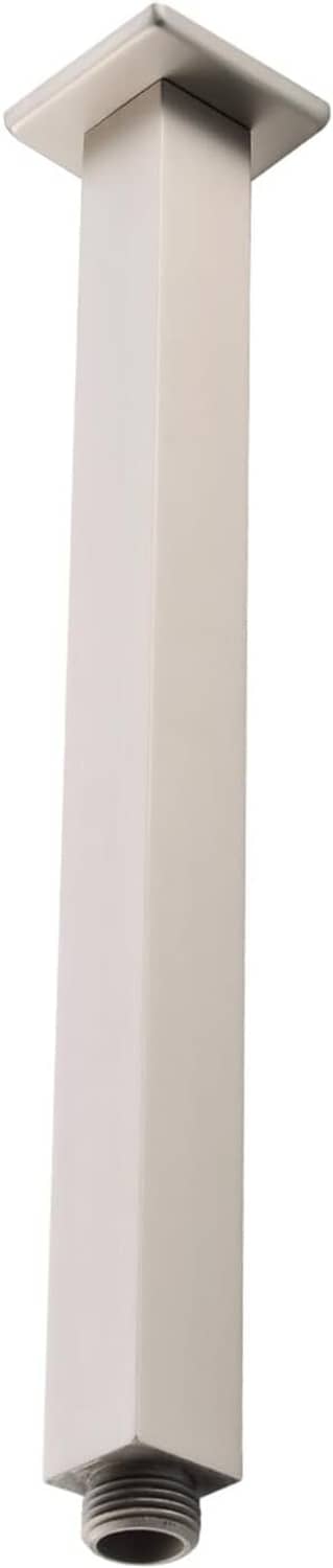 12 inch shower head extension arm with ceiling mount and threaded outlet, brushed nickel finish