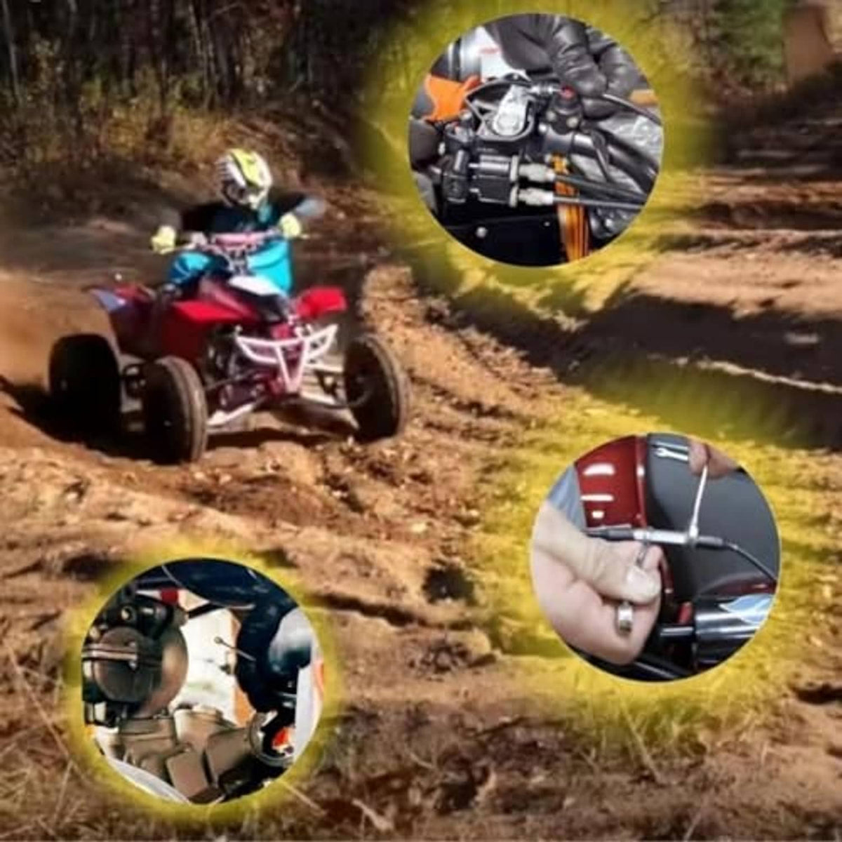 Thumb throttle cable used on an off-road ATV, with inset close-up of the throttle area