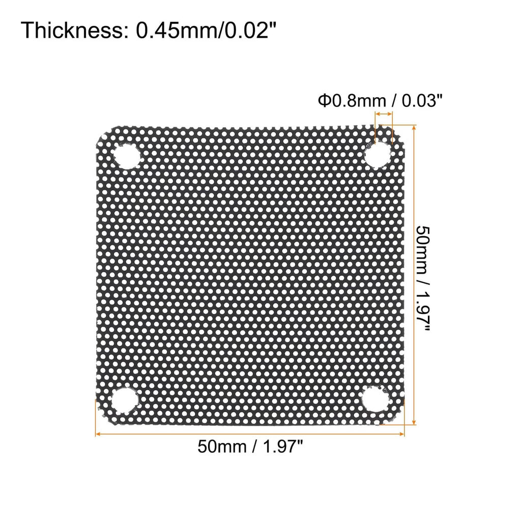 Square dust filter mesh 50x50mm with four mounting holes, 0.45mm thick