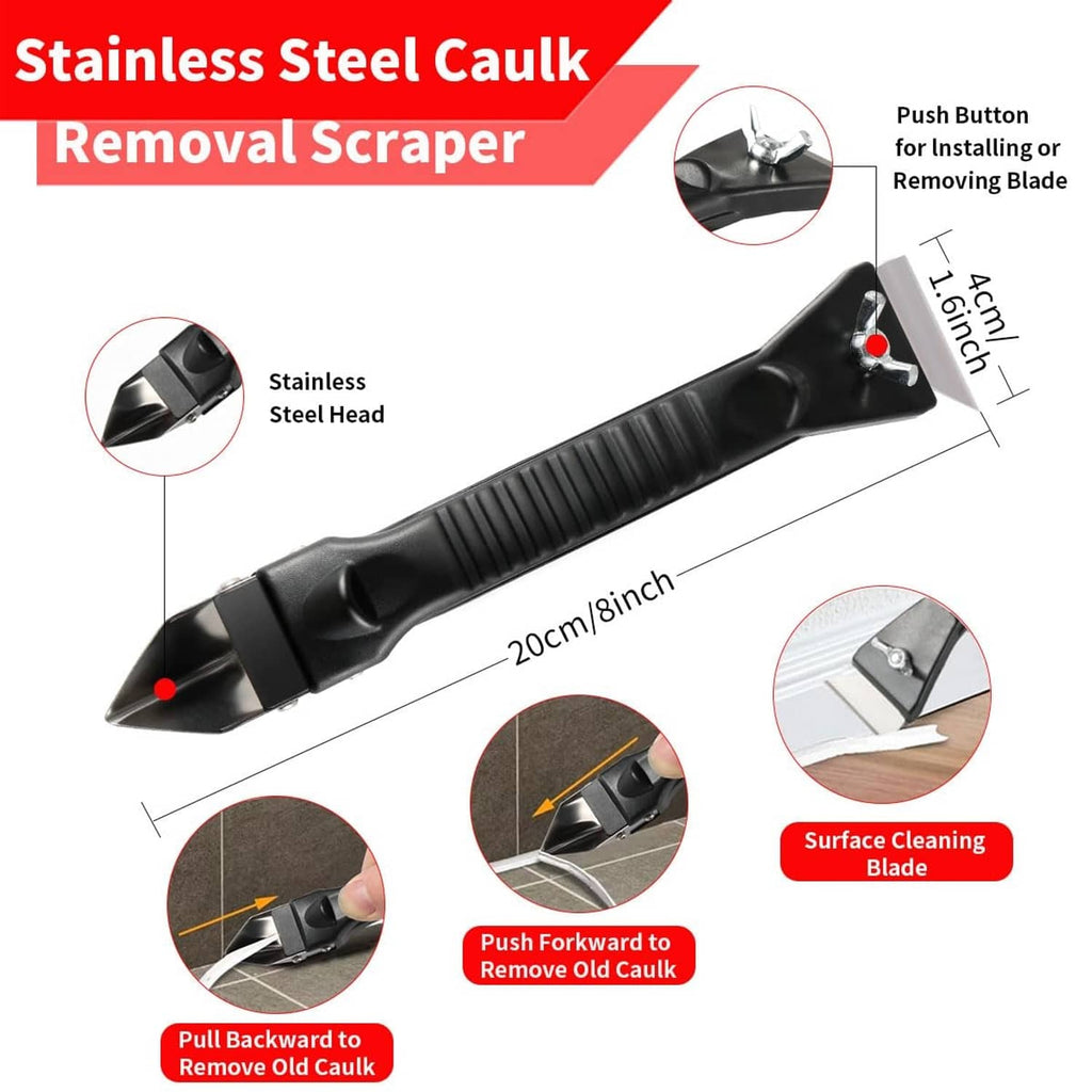 Black stainless steel caulk removal scraper tool with push button handle