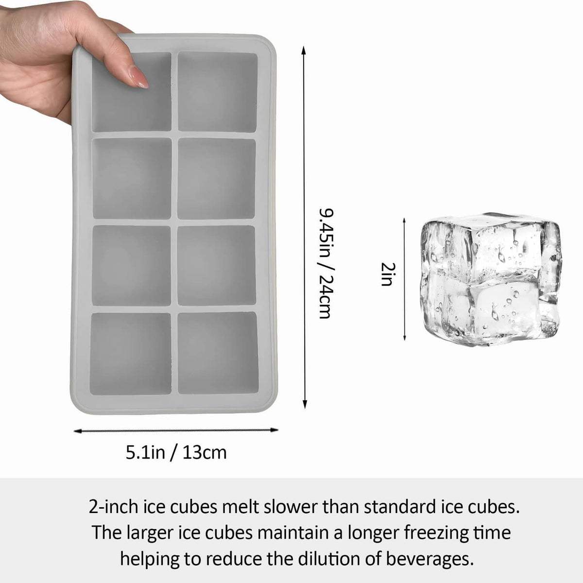 Gray silicone large ice cube mold with 8 square cavities and compact size