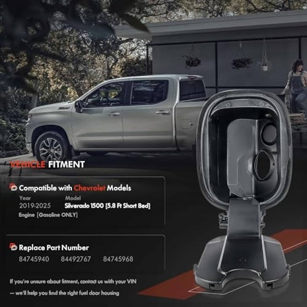 Open black fuel tank filler door housing shown on a pickup truck bed