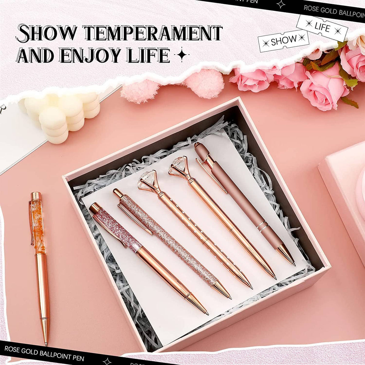 Rose gold ballpoint pens in a gift box, assorted glitter and patterned designs