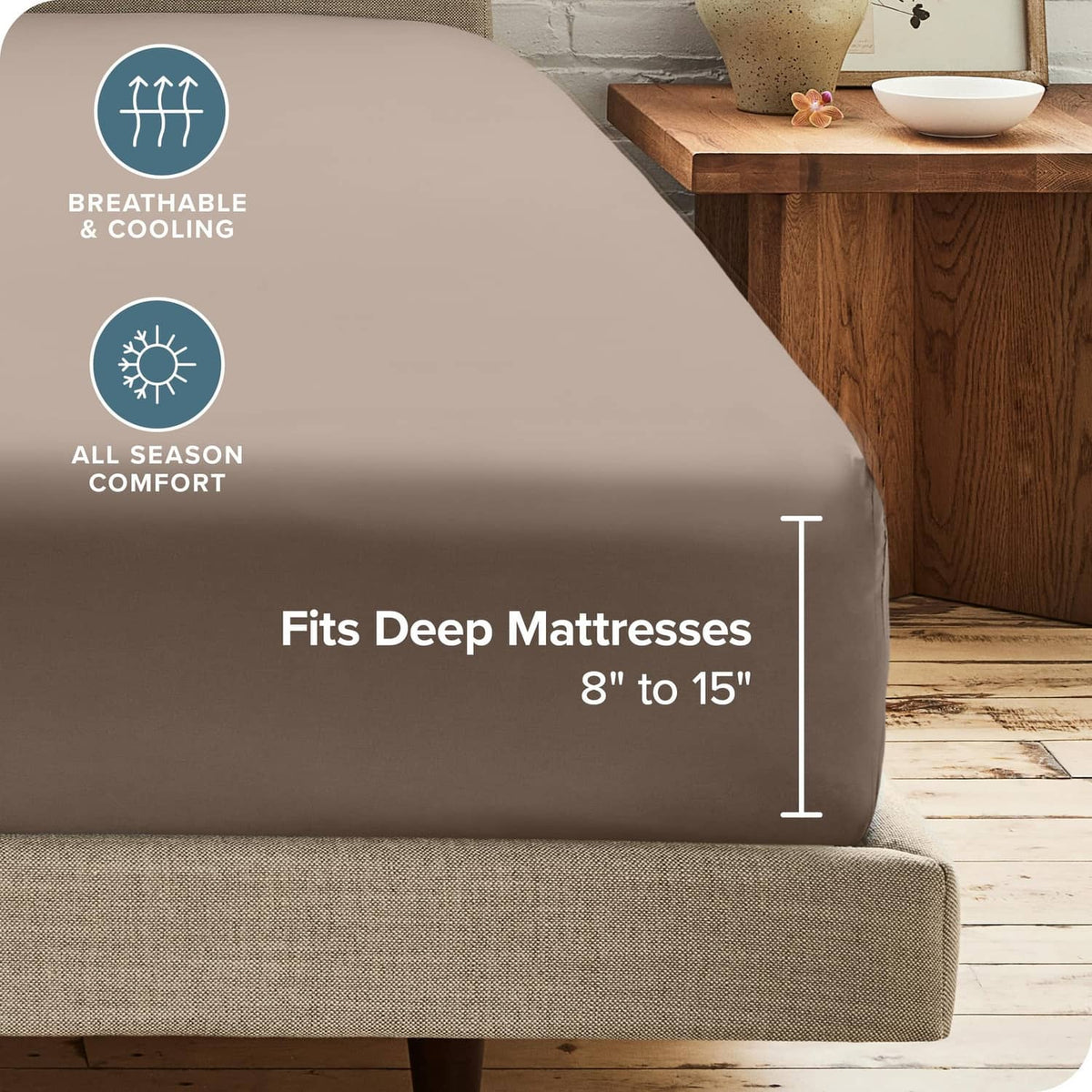 Taupe fitted sheet for deep mattresses, elastic fit for 8–15 in