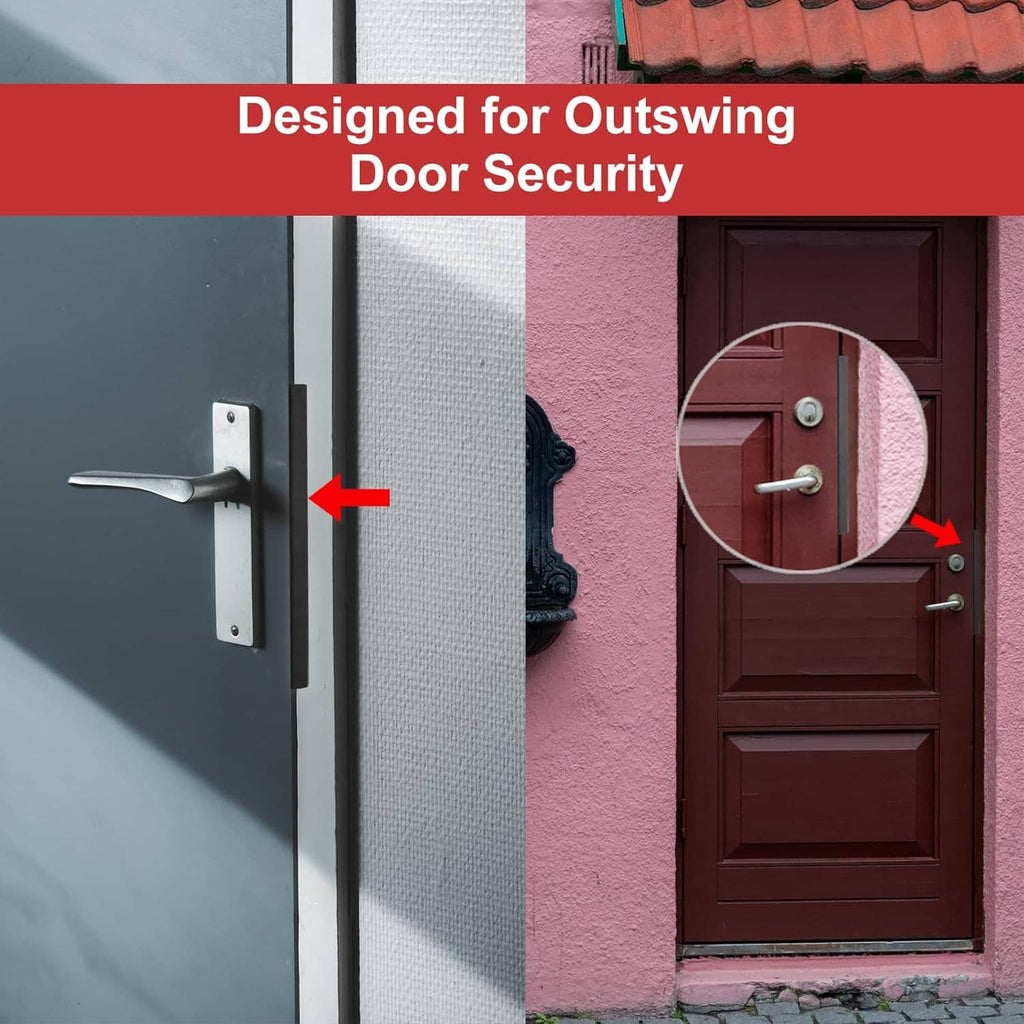 Door security latch guard plate covering the gap around a door handle on an outswing door.