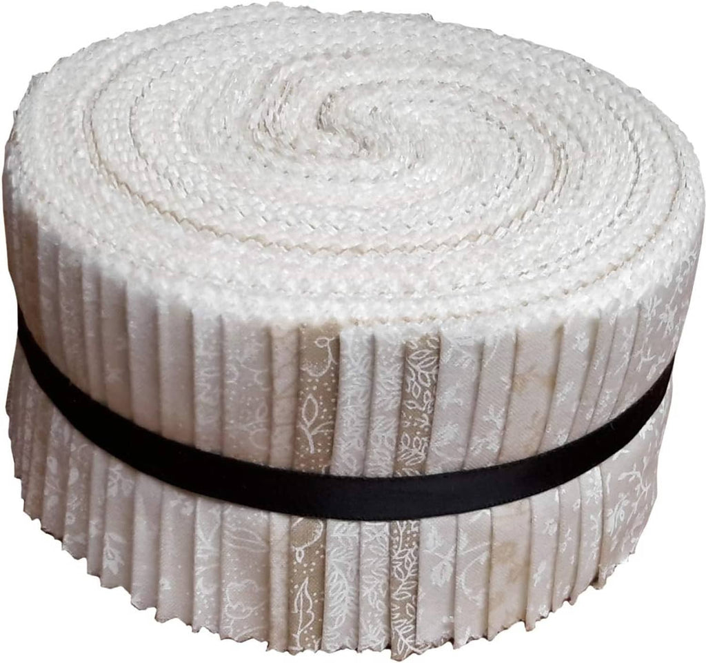Neutral quilting fabric jelly roll with layered tone-on-tone prints, rolled 2.5-inch strips