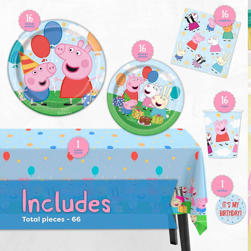 Peppa Pig 16-piece birthday dinnerware set with plates, cups, napkins, table cover