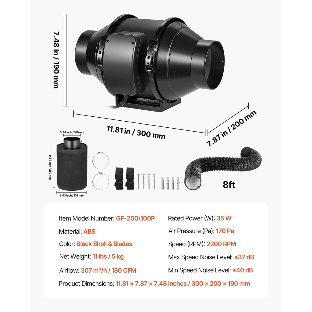 Black 4-inch inline duct fan with carbon filter, 8 ft duct hose, and mounting hardware