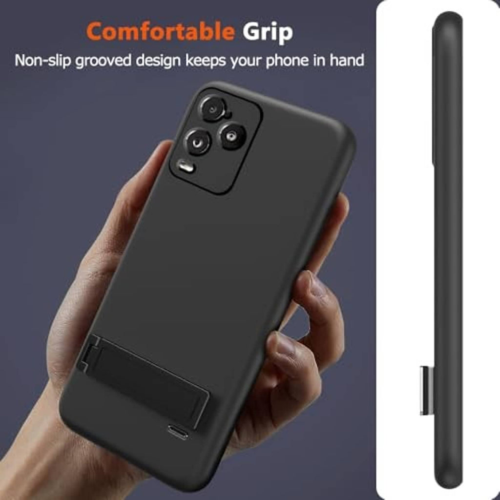 Black phone case with non-slip grip texture and fold-over latch kickstand