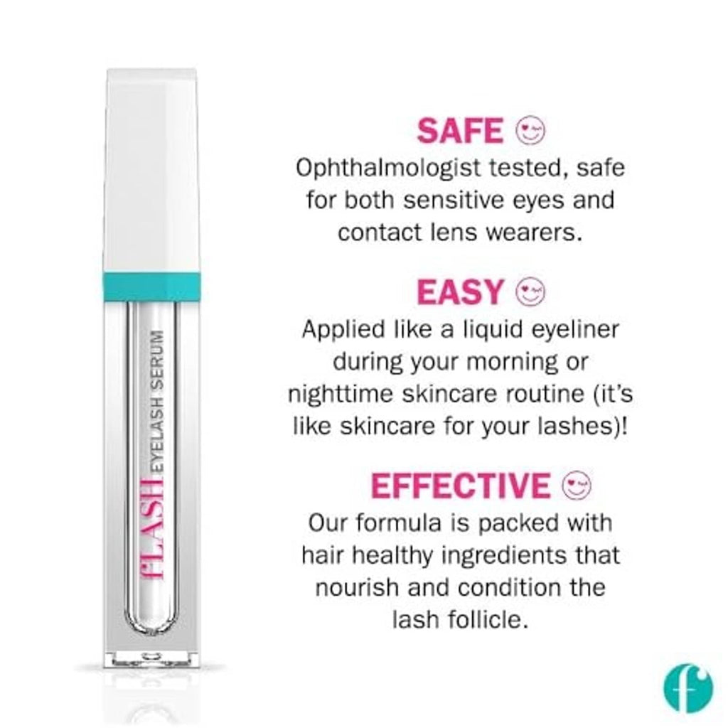 Flash eyelash serum applicator bottle with teal band and clear tube
