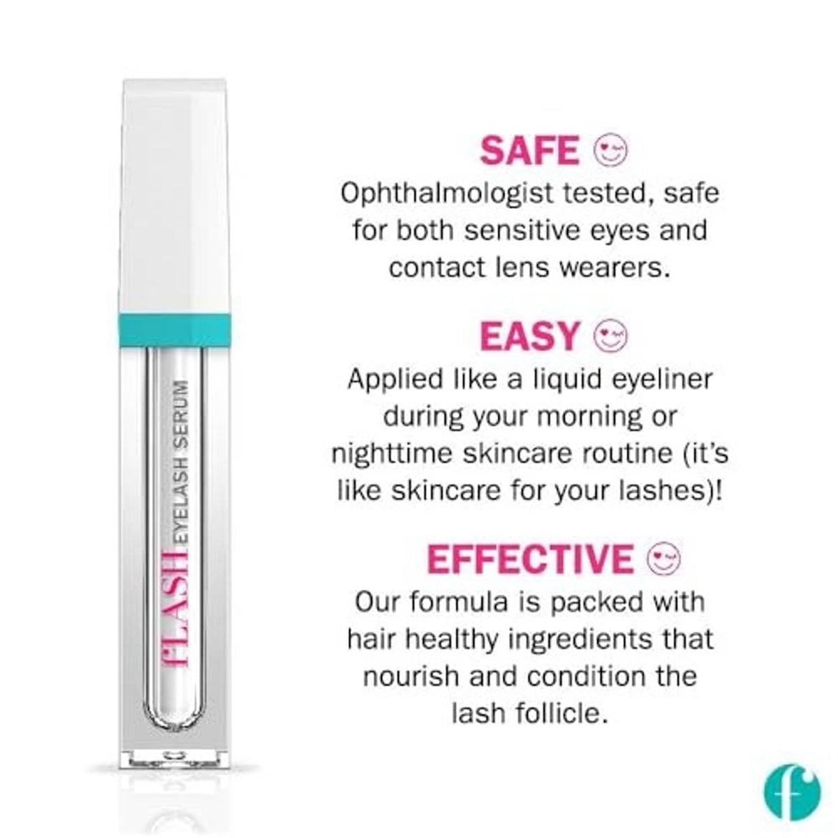 Flash eyelash serum applicator bottle with teal band and clear tube