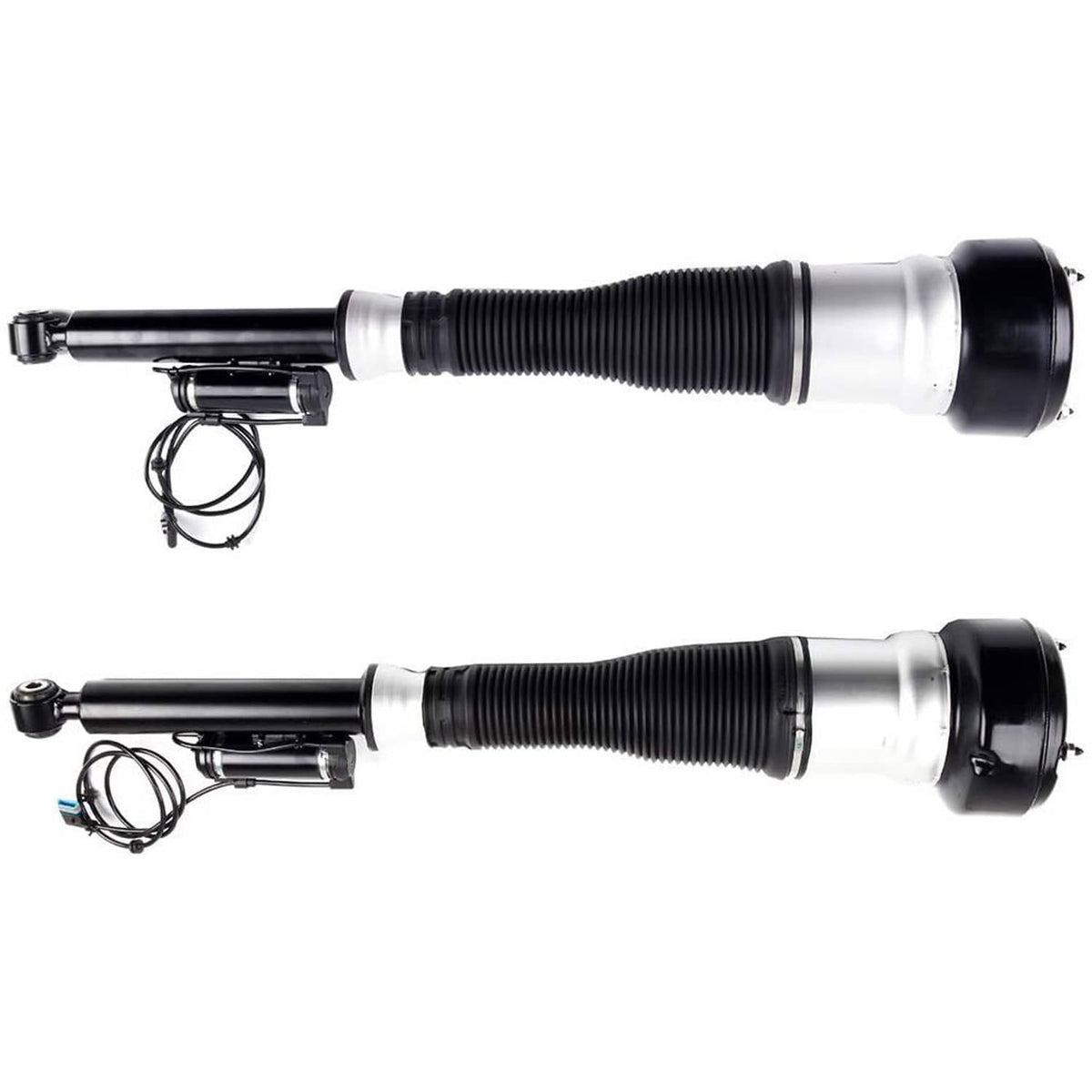 Rear air suspension strut set with silver body, black end caps, and ribbed sleeve