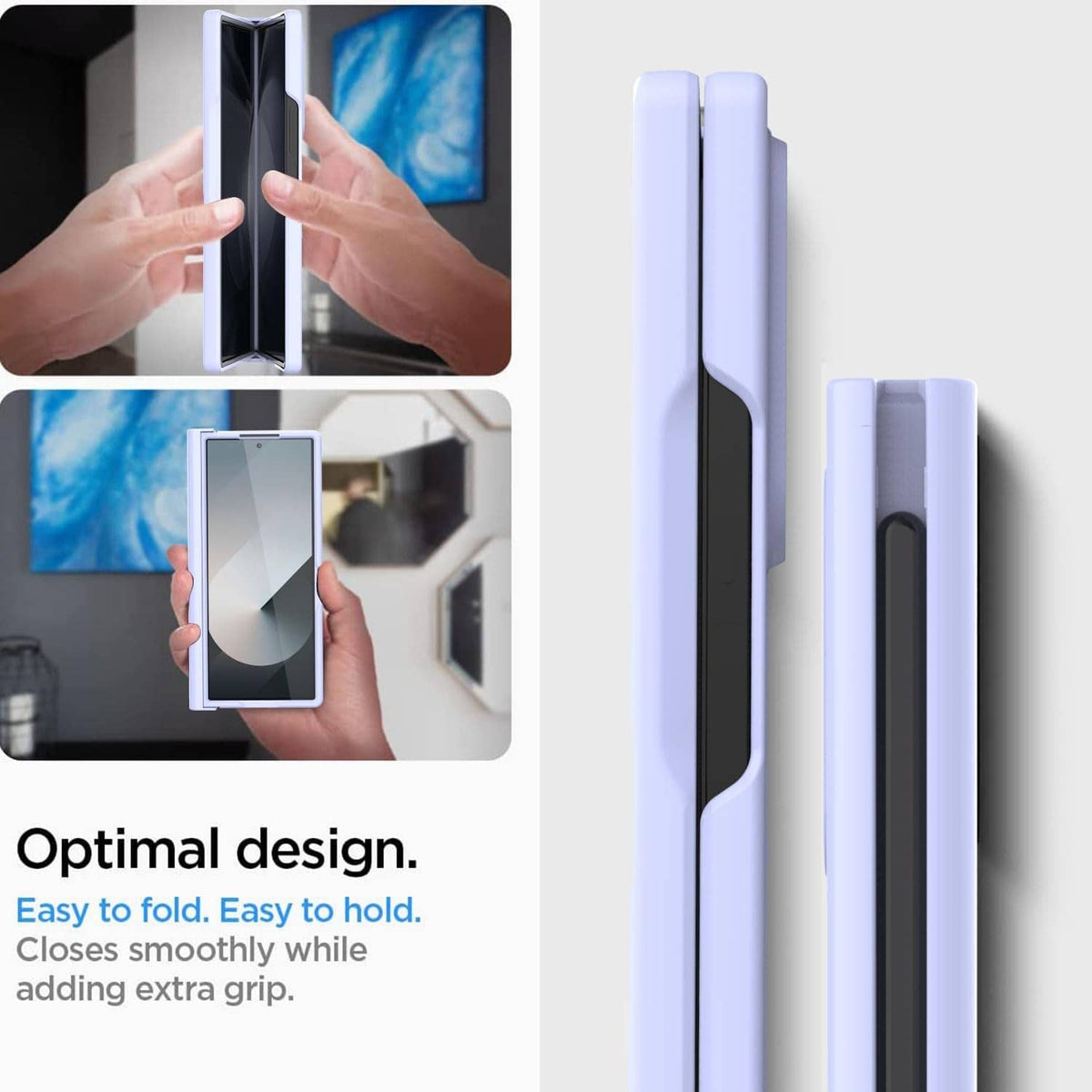 Light purple fold case with easy-grip design, phone cover open
