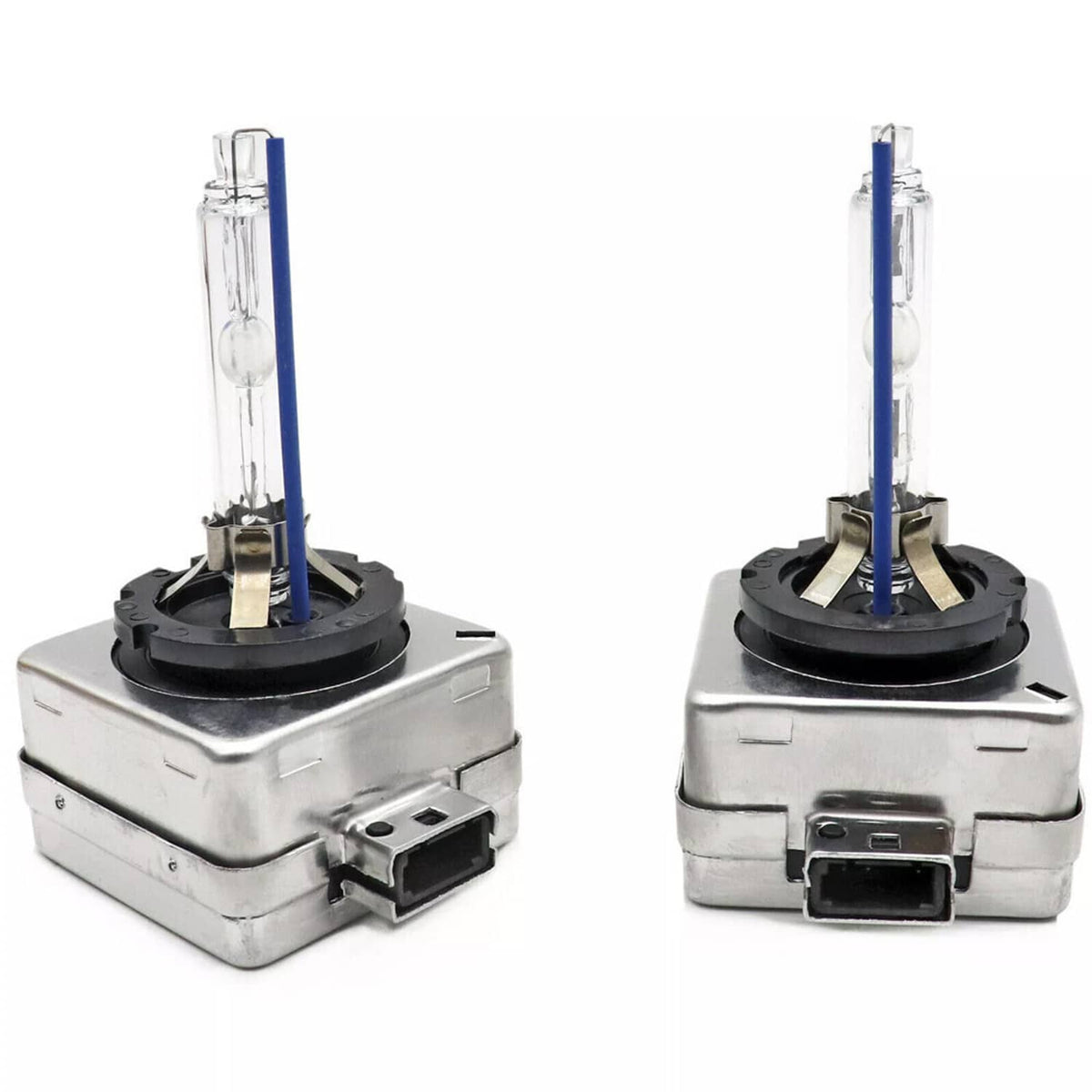 Pair of HID xenon headlight bulbs in silver housing with clear glass