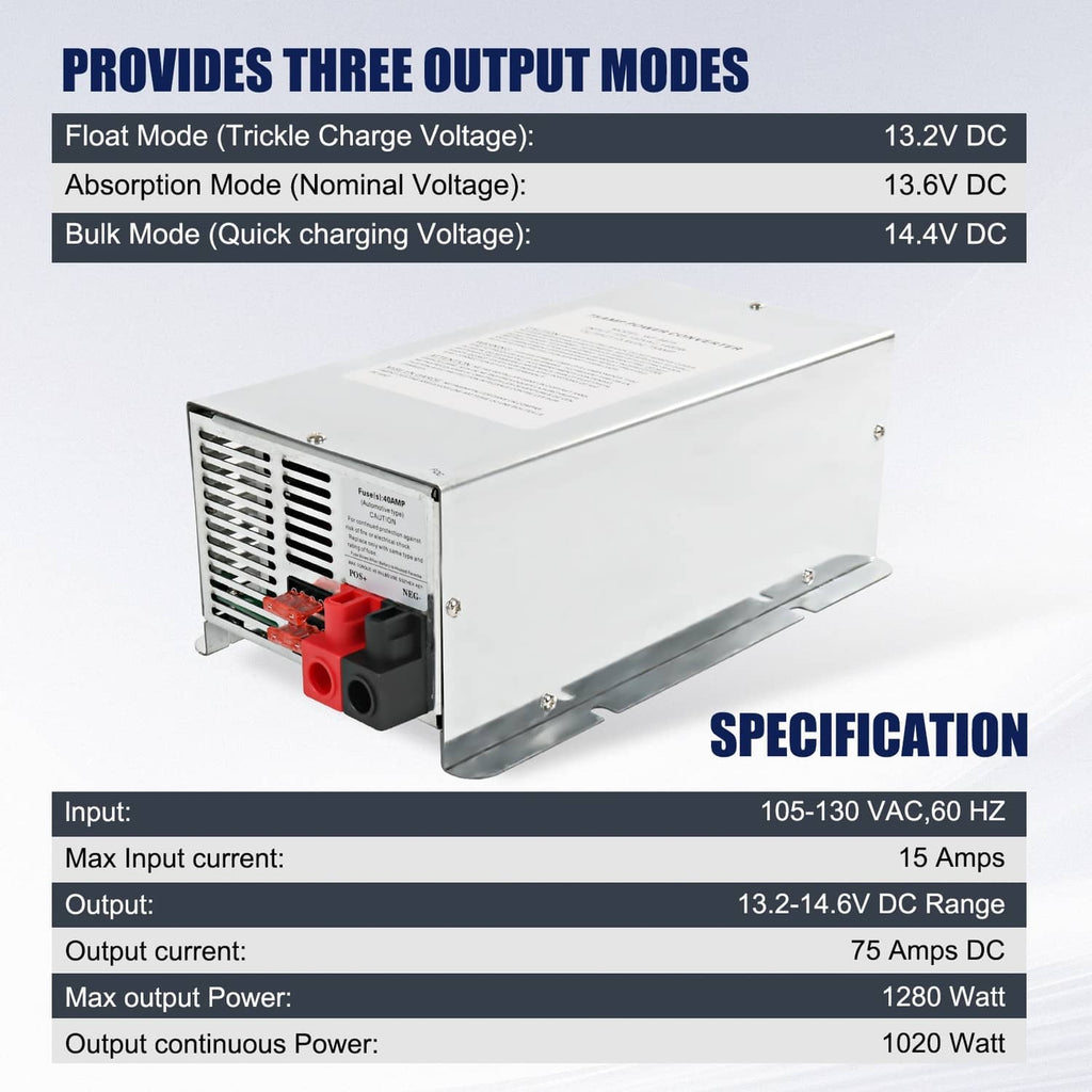 Power converter charger with vented side grille and front DC output terminals