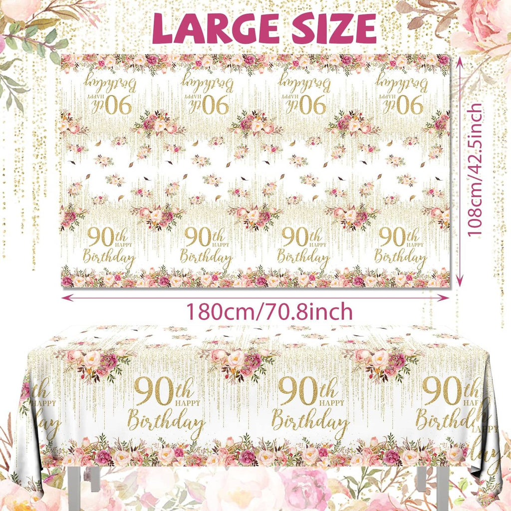 Large-size 90th birthday tablecloth, 180cm x 70.8in floral rose-gold 90th pattern