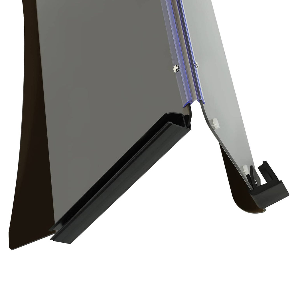 Fold-down windshield close-up with clear hinge cover and black support arm