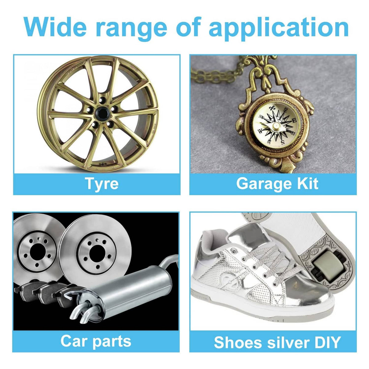 Chrome marker use-cases chart showing tyre, car parts, garage kit, and silver DIY shoes
