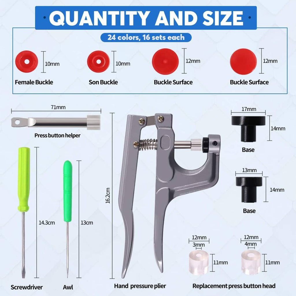 Snap button press pliers with base pieces, awl, and screwdriver included