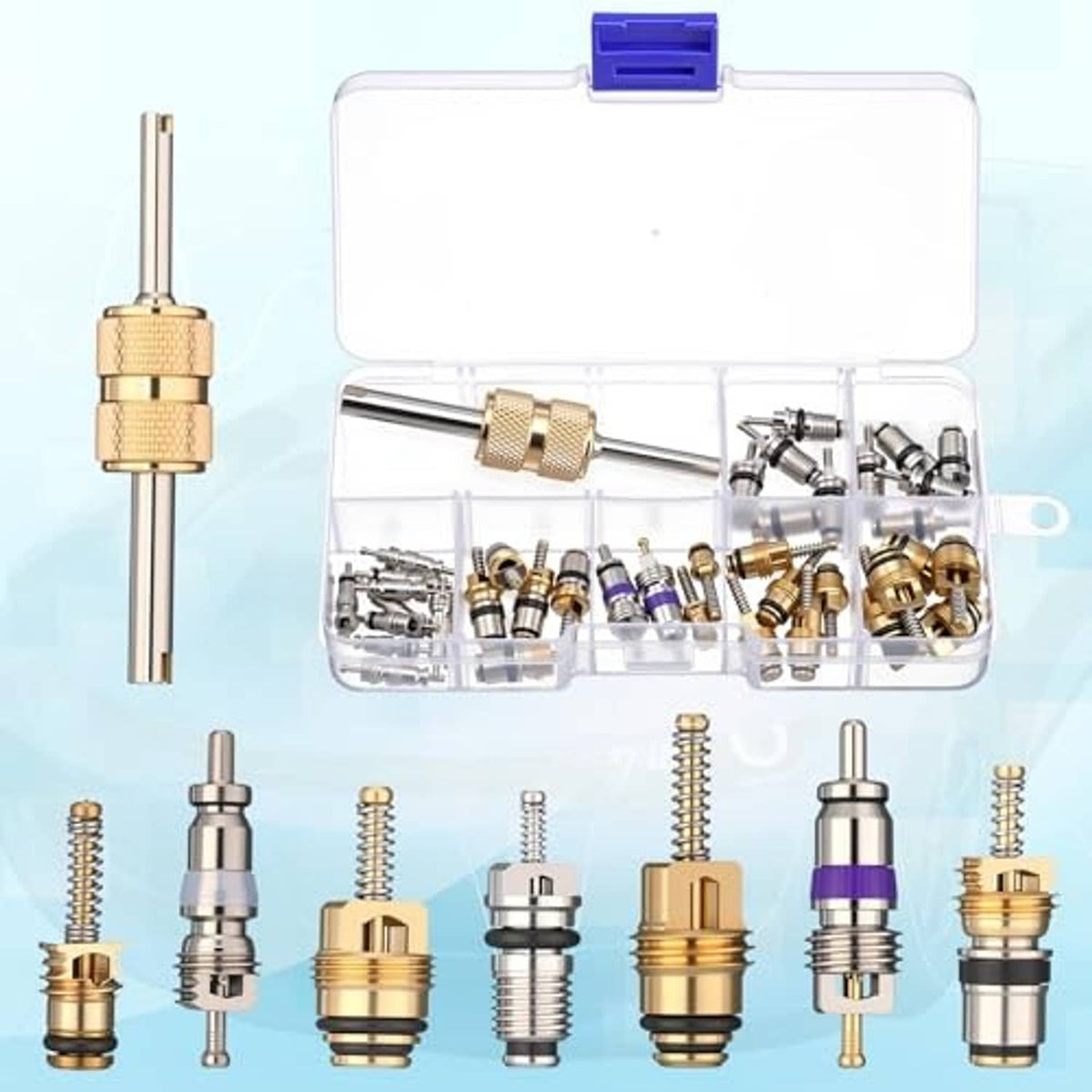 A/C compressor seal washer kit with brass valve core tool and assorted seals in case