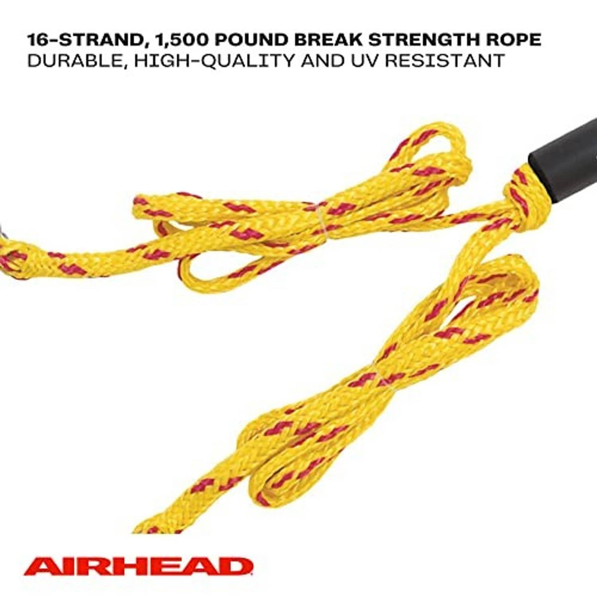 Braided yellow tow harness rope with black sleeve and metal snap hooks