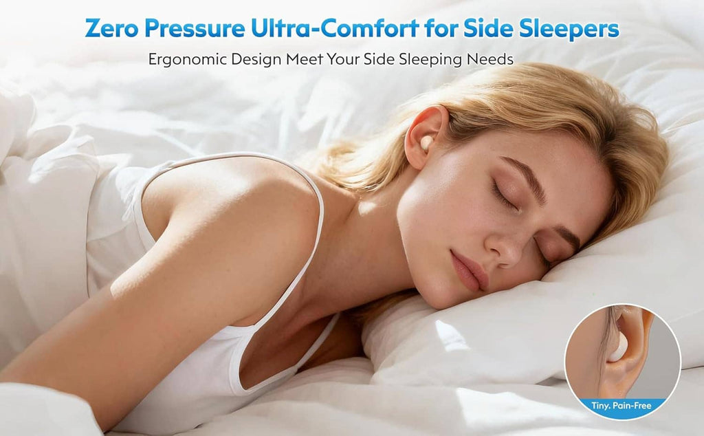 Person sleeping on their side with tiny in-ear sleep earbuds barely visible