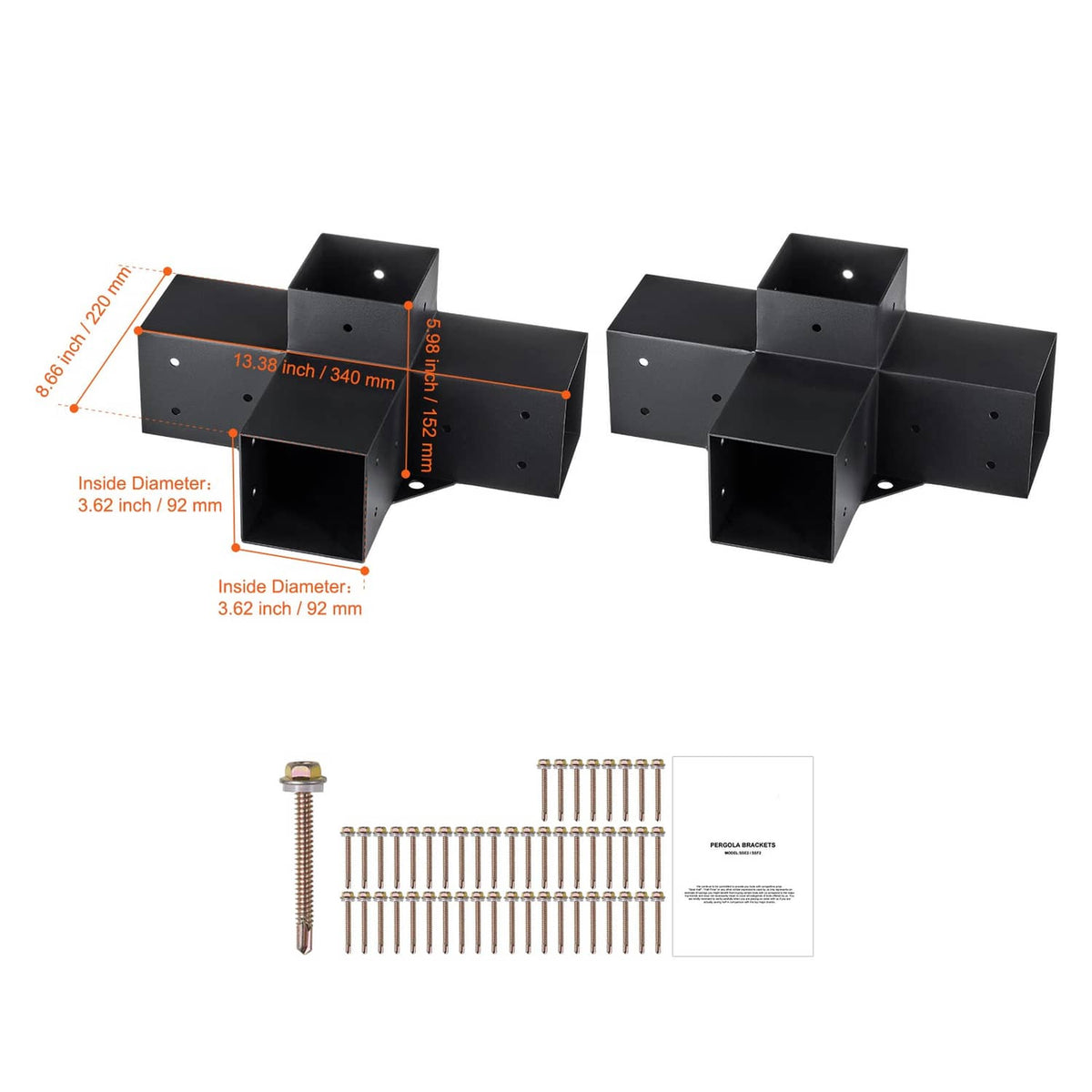 Black 4-way corner bracket kit with dimension labels and included screws and instruction sheet