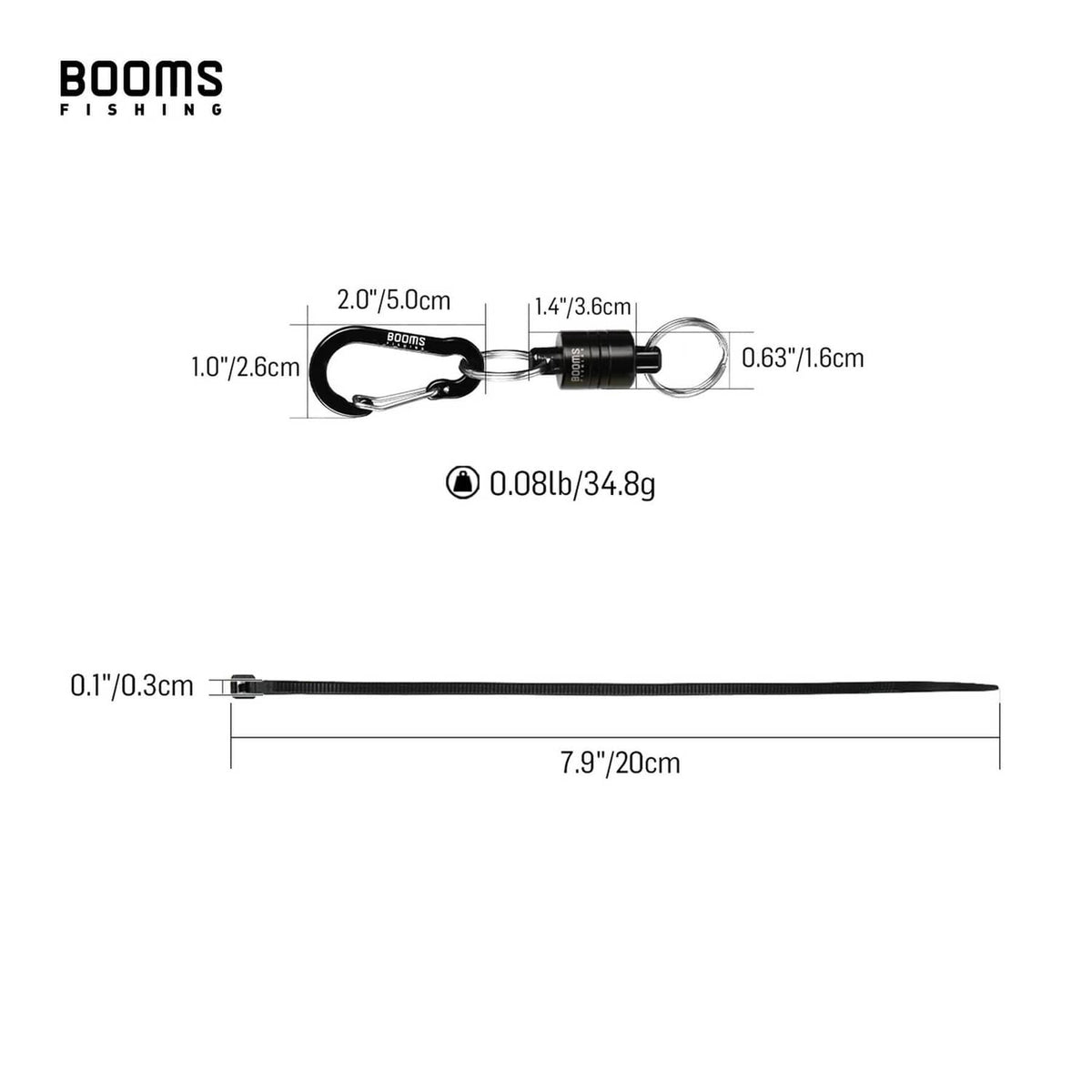 Magnetic net release holder size diagram with carabiner, loop, and ring