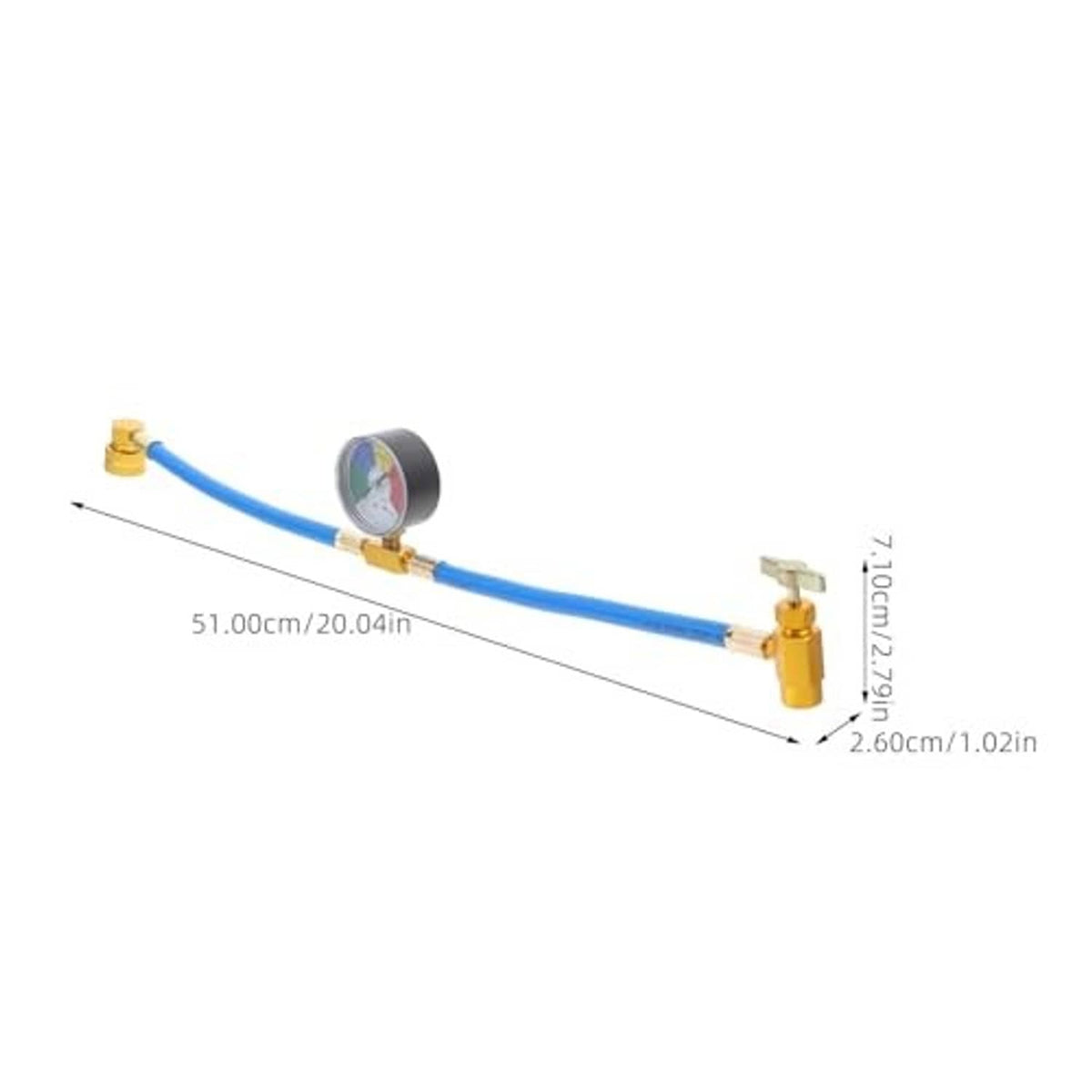 Blue A/C charging hose with pressure gauge and brass fittings, 1/2 thread ends
