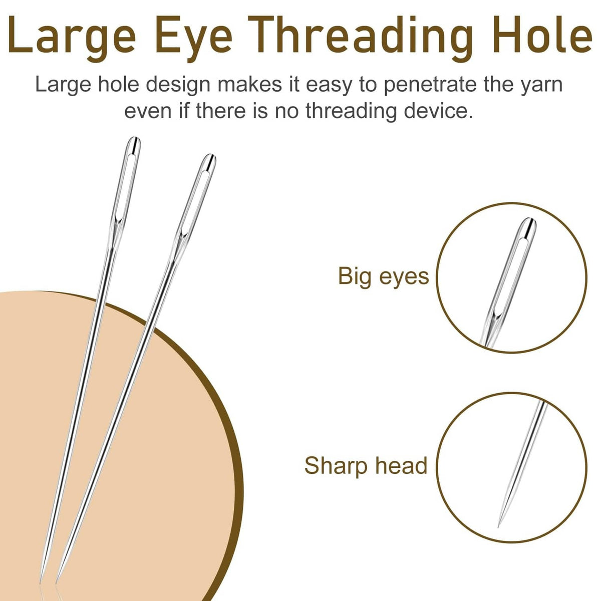 Large-eye sewing needles close-up, silvery metal with long sharp points