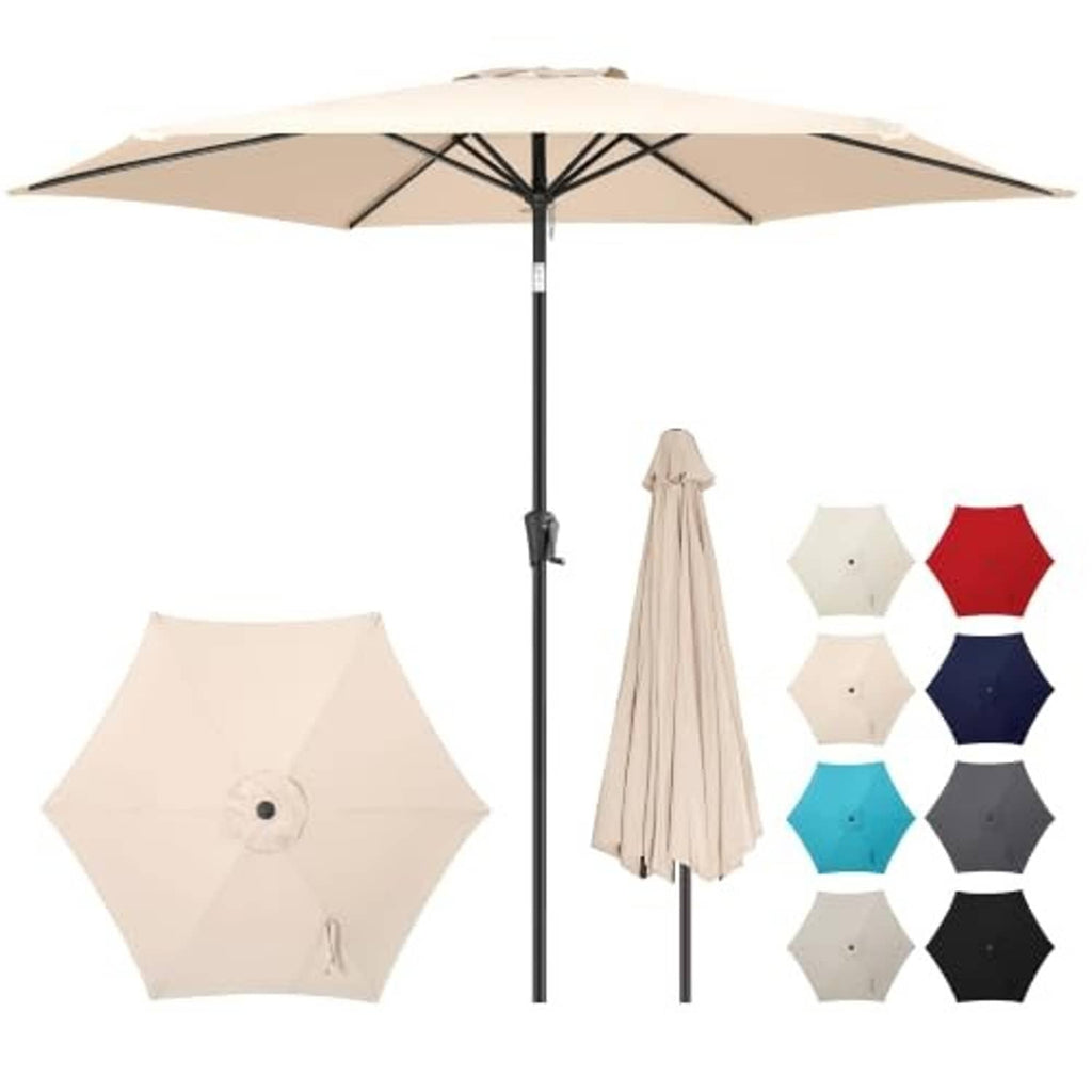 Beige patio umbrella open with black ribs and central tilt pole