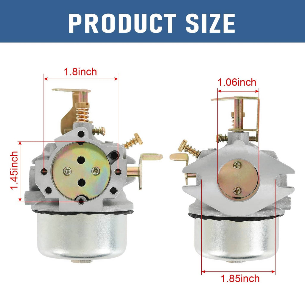 Carburetor size diagram with front and side views plus mounting silhouette