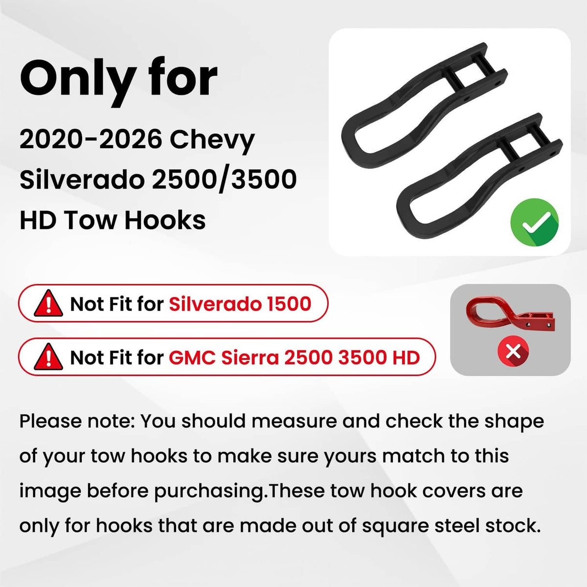Black tow hook cover pair for 2020-2026 Chevy Silverado 2500/3500 HD