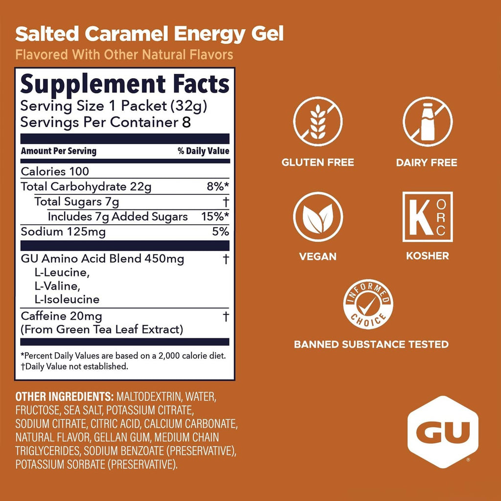 GU Energy Gel supplement facts label, salted caramel flavor, vegan energy gel 1.1 oz