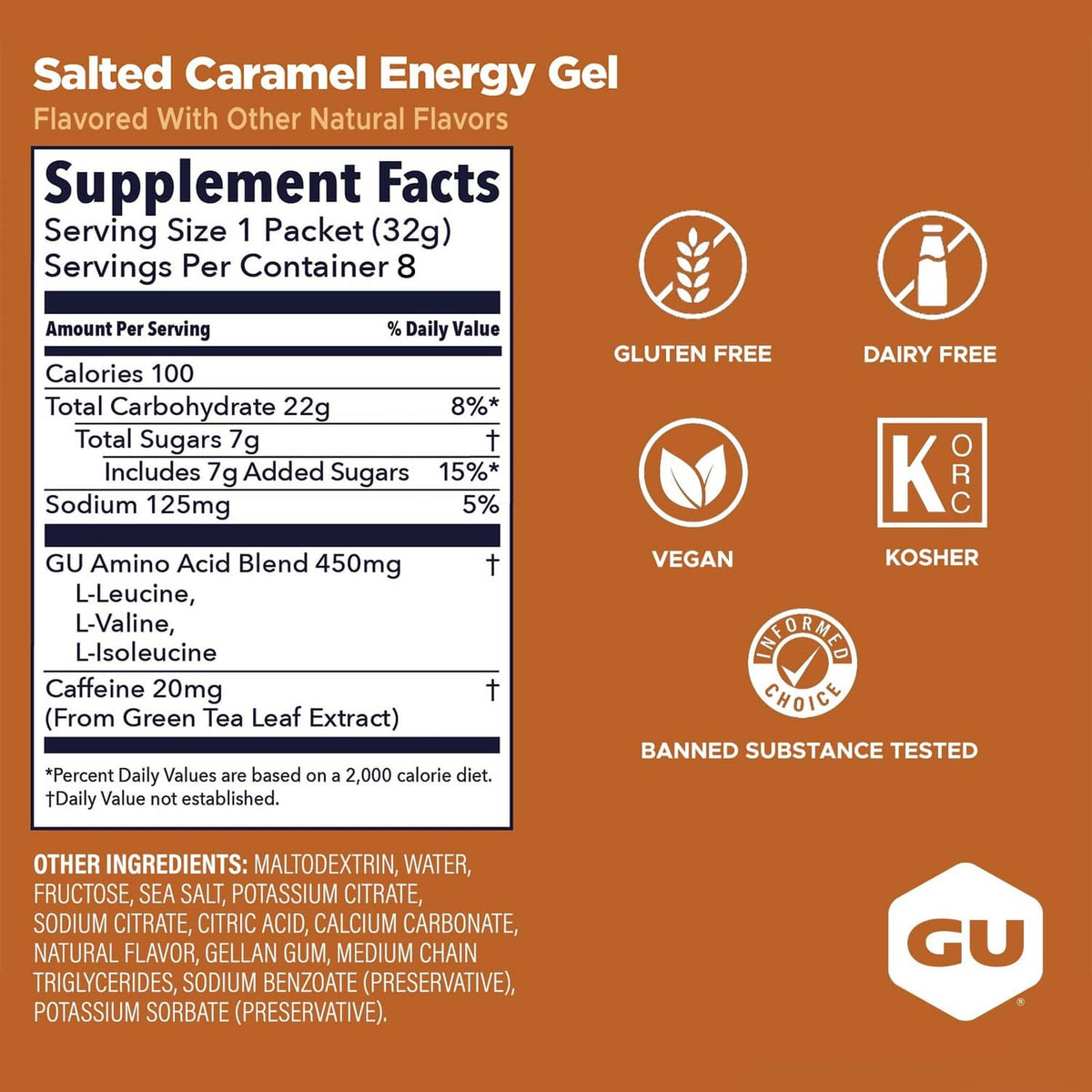 GU Energy Gel supplement facts label, salted caramel flavor, vegan energy gel 1.1 oz
