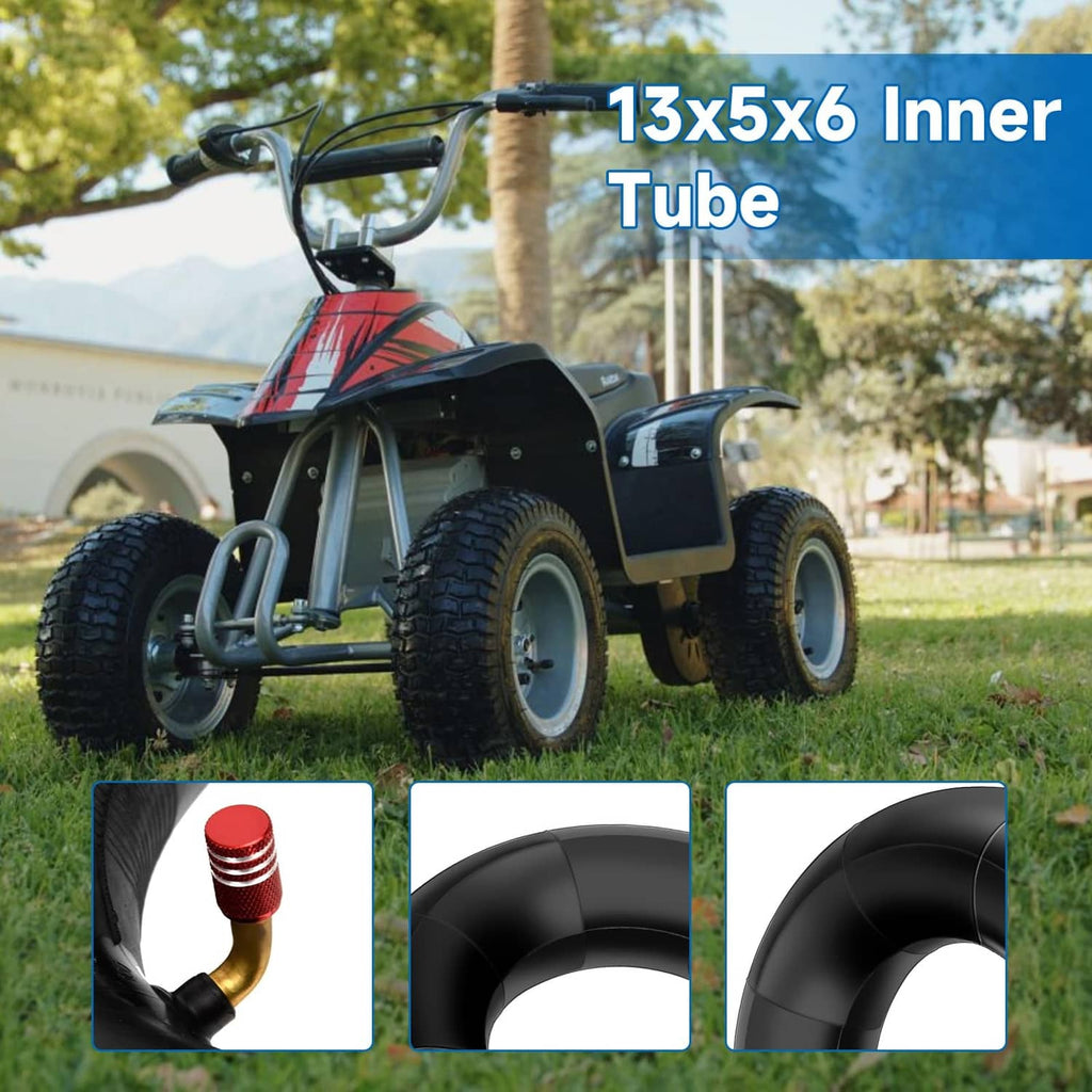 Black 13x5x6 inner tube for equipment tires with bent valve stem close-up inset.
