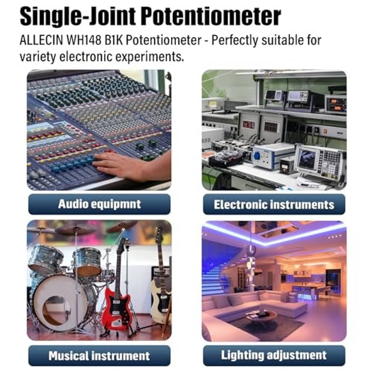 Rotary potentiometer shown on electronics and equipment setup scenes