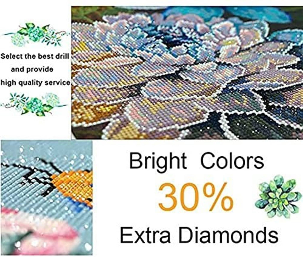 Diamond painting kit detail showing bright multicolor sparkle diamonds and extra pieces