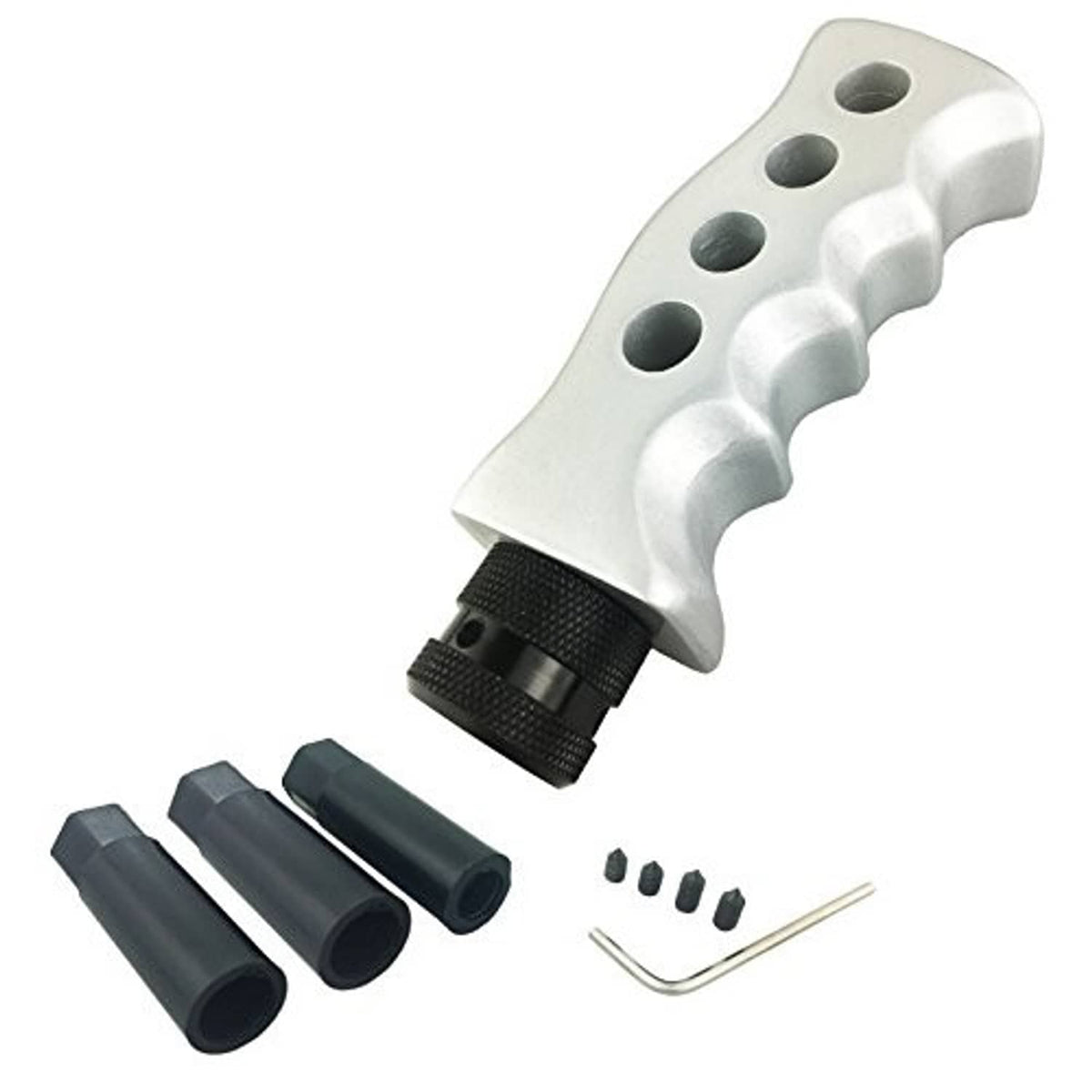 Silver gear shift knob with three-hole top, black base, plus black sleeves and hex key