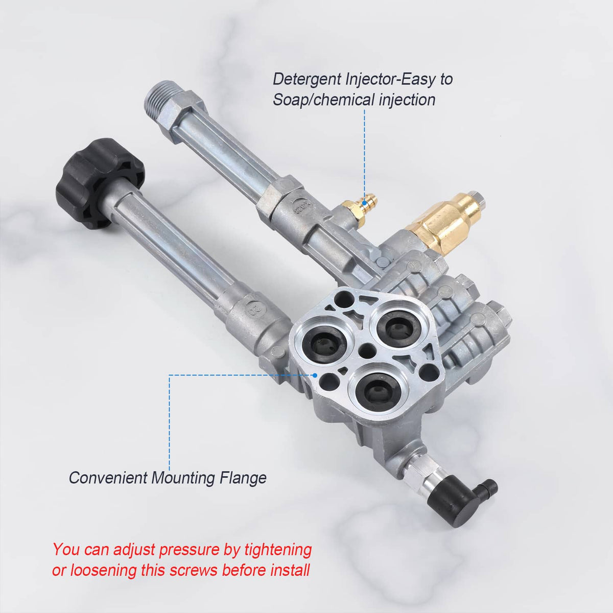 Pump head assembly with two metal tubes, brass injector connector, and mounting flange