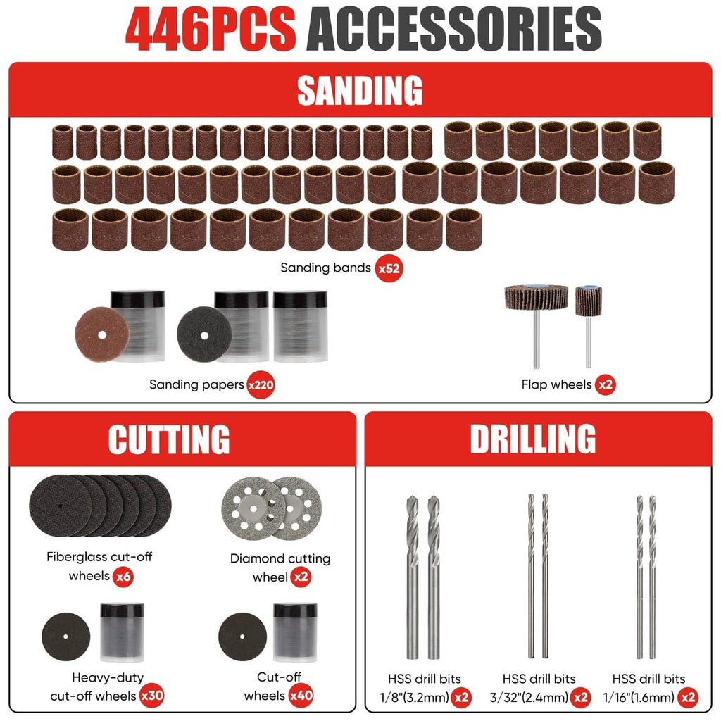 Set of 446 sanding, cutting, and drilling accessory discs, bits, and wheels