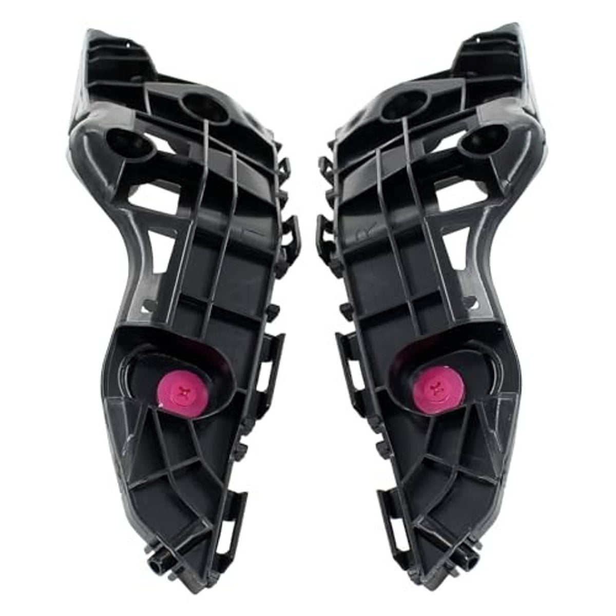 Front bumper bracket mount, black plastic left/right pair with pink retaining clips