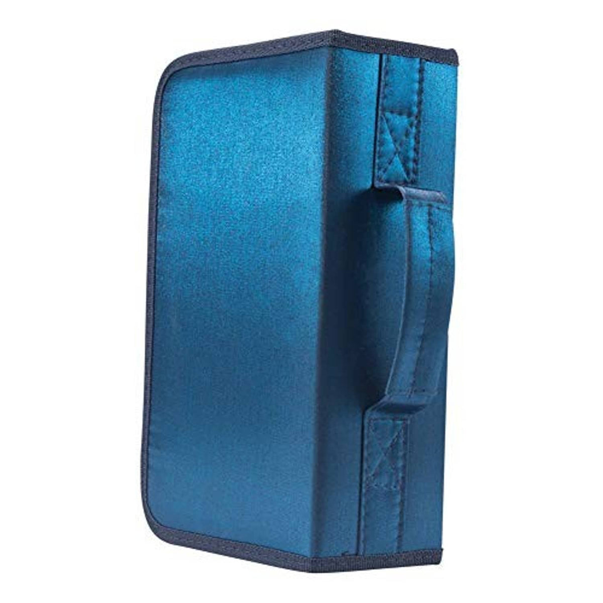 Blue vertical CD/DVD case with reinforced edges and inner strap detail