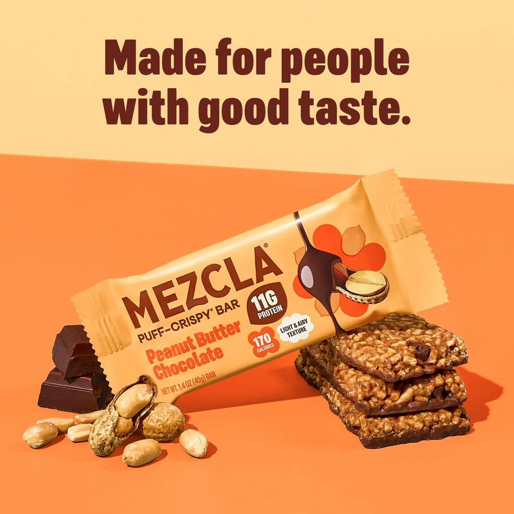 Plant-based puff-crispy peanut butter chocolate protein bar pack with snack pieces
