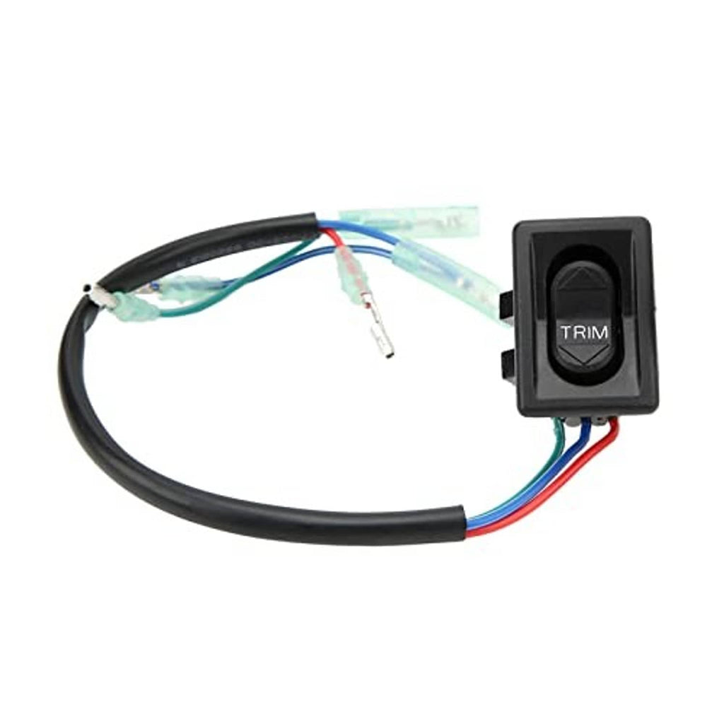Rectangular black trim switch with TRIM label and multi-wire harness