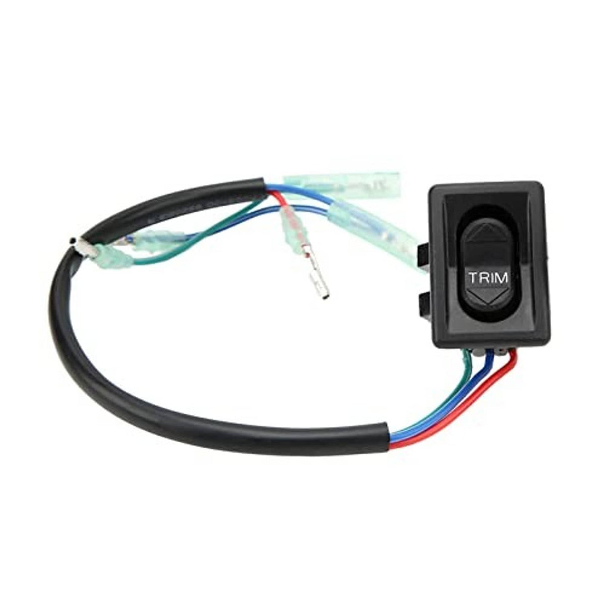Rectangular black trim switch with TRIM label and multi-wire harness