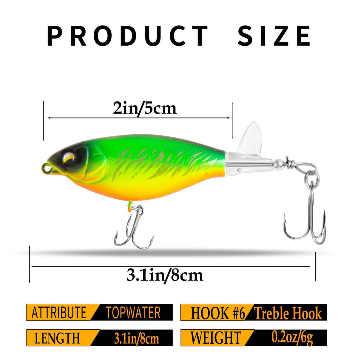 Green-and-yellow topwater lure, 3.1 in length, with treble hooks and split ring