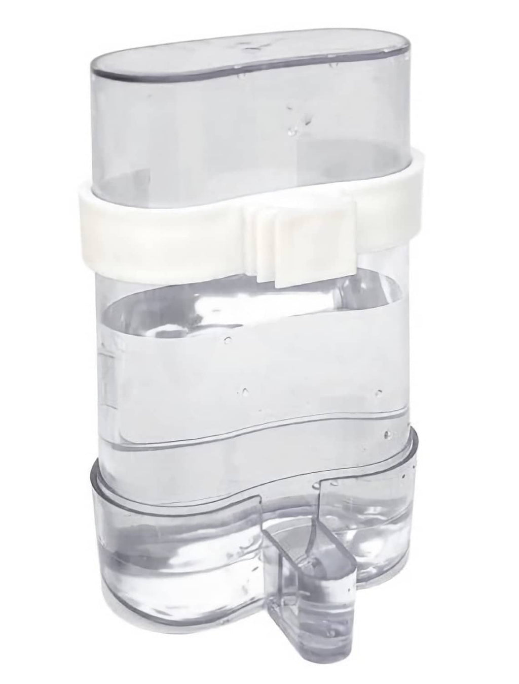 Clear automatic bird waterer with white bracket and side drinking outlet